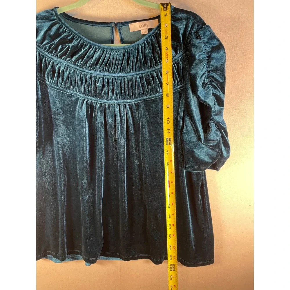 LOFT Teal Velvet Pleated Bib Puff Sleeve Top XL Blue Holiday Evening Blouse